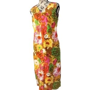Talbots Womens 10 Floral V-Neck Sheath Dress Multicolor Sleeveless Lined Cotton